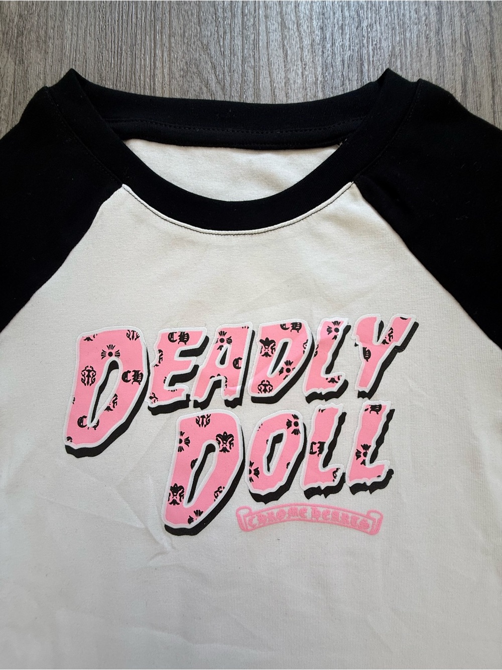 Deadly Doll Raglan Tee - Women’s Streetwear Tee – Black & White with Pink Print - Picture 3 of 7